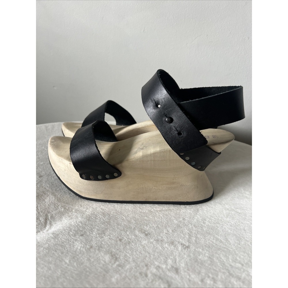 Trippen Ming F Wood Sandals | Black Leather Wooden Heel Modern | Size EU 39
